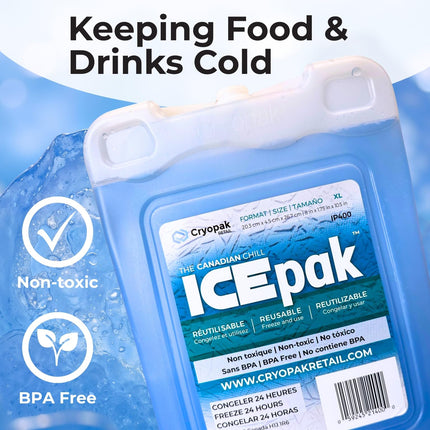 Cryopak ICEpak Hard Shell Reusable Ice Packs for Coolers and Lunch Box Use, Freezer Safe Gel Design, Professional Grade Cooling, Non-Toxic and BPA Free, Essential Travel Accessories, XL