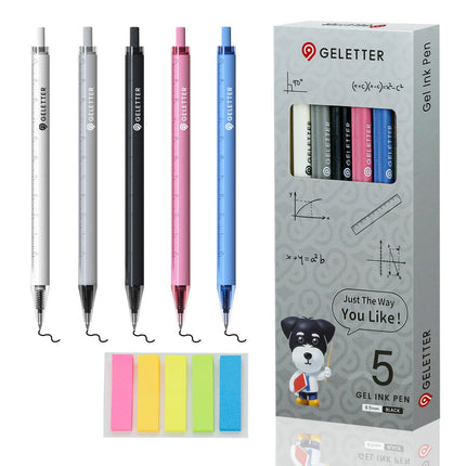 GELETTER 5-PACK 0.5mm Retractable Gel Pens Set, Fine Point Black Ink, Quick-Dry Smooth Writing for Journaling, Office & School Supplies, Built-in Clip, Free Sticky Notes Included | Ruler Scale Barrel