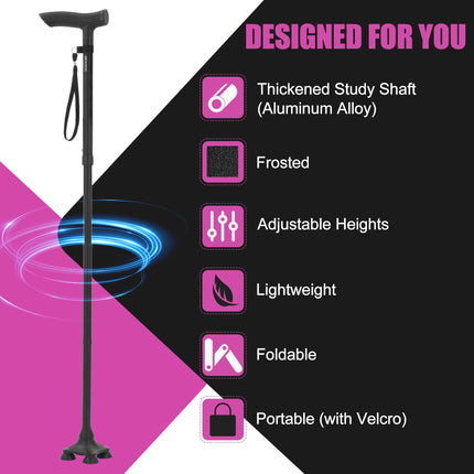 MOODIC Walking Canes for Seniors Balance with Extended and Thickened Handle. Foldable; Adjustable; Collapsible; Stylish; Quad Cane for Men for Stability (Basic & Black)