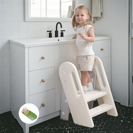 hoopyosms Toddler Step Stool for Bathroom Sink Kids Foldable Toilet Potty Training Stool Adjustable 3 to 2 Stool with Handrail Baby Kitchen Stool Helper Children Step Ladder with Non-Slip Pads