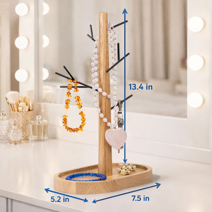 【Elegant & Sturdy】 Black Metal Jewelry Stand with Acacia Wood Tray | Necklace & Bracelet Holder | Minimalist Jewelry Organizer for Vanity, Bathroom & Retail Display | 34 cm Tall