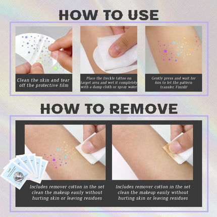 HOSAILY 1pc Holographic Silver Glitter Freckles Face Tattoo, Waterproof Sparkle Chameleon Face Glitter Speckles Patches for Women&Kids, Star Temporary Tattoo Makeup Accessories for Festival Rave