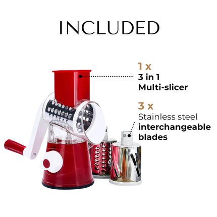 JS Gourmet Rotary Cheese Grater with Crank Handle and 3 Interchangeable Blades, Ideal for Grating, Shredding and Slicing Vegetables, Fruits, Nuts, Carrots