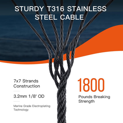 1/8" T316 Stainless Steel Cable, Electroplated Black Aircraft Cable for Deck Railing, 7x7 Strand Core, 250FT, Come with Cutter