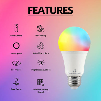 Reno 6-Pack A19, 8W, RGBW Color Changing Light Bulbs with App Control, 800 LM, Voice Control, Works with Google Assistant, 2.4G WiFi