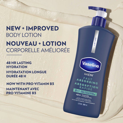 Vaseline Men 3-IN-1 Fast Absorbing Body Face & Hands Lotion, 600ml