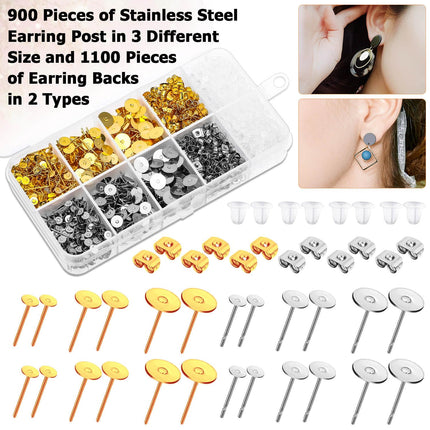 Caffox 2000pcs Stud Earring Making Kit with Earring Base and Backs for Leather, Clay, Pearl Jewelry Making (Gold & Silver)
