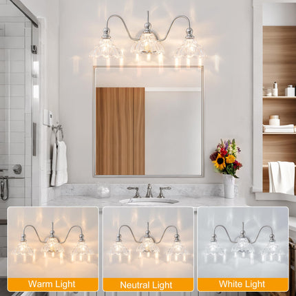 BrkNit Vintage Bathroom Light Fixtures Over Mirror, 3-Light Brushed Nickel Wall Sconce Lighting with Flower Glass Shade, Farmhouse Vanity Lights for Bedroom Kitchen Living Room Hallway Light