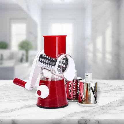 JS Gourmet Rotary Cheese Grater with Crank Handle and 3 Interchangeable Blades, Ideal for Grating, Shredding and Slicing Vegetables, Fruits, Nuts, Carrots