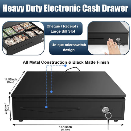 PERCEA Cash Drawer, 13" Electronic Cash Register Drawer 4 Bill Slots & 3 Coin Trays