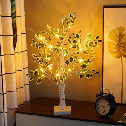 Tabletop LED 18" White Birch Table Tree Light with Artificial Green Leaves