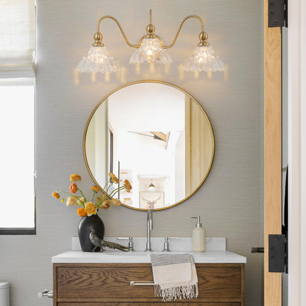 BrkNit Vintage Bathroom Light Fixtures Over Mirror, 3-Light Brass Wall Sconce Lighting with Flower Glass Shade, Farmhouse Vanity Lights for Bedroom Kitchen Living Room Hallway Light