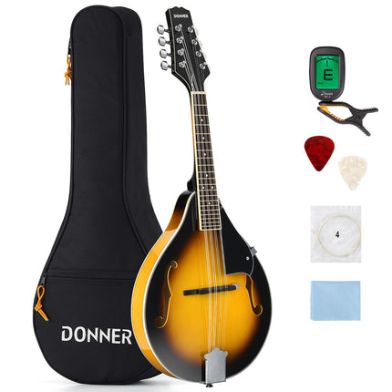 Donner A Style Sunburst Beginner Adult Acoustic Mandolin Mahogany 8 String, Bundle With Tuner String Bag Guitar Picks, DML-1