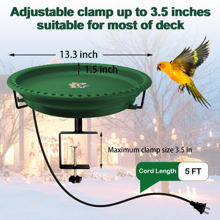 Daoeny 100W Heated Bird Bath Bowl Thermostat Control for Deck Railing Outside Garden Yard Patio Lawn Decor, GREEN