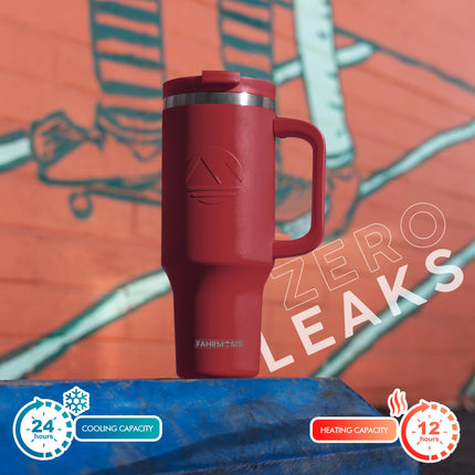 FAHRMOSIS 40 Oz Tumbler with Handle and Straw Insulated Cup That Fits in Cup Holder for Hot & Cold Drinks Leak Proof Tumbler with Straw Stainless Steel Travel Mug for Men & Women - Red