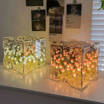 Neioaas 2-in-1 Handmade DIY 20 Tulip Flowers Cube Mirror LED Night Light, Pink Mutli