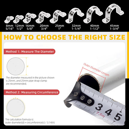 Hilitchi 50Pcs 40mm Rigid Pipe Strap Clamp Set, 304 Stainless Steel 2 Holes Cable Clamp Heavy Duty U Bracket Tube Strap Tension Clips for Pipe Tube Fixing