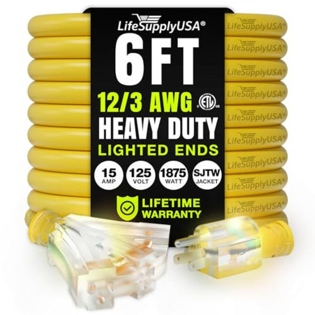 LIFESUPPLY 6ft Outdoor/Indoor Extension Cord 3-Outlet 12/3 Gauge Extra Heavy Duty ETL Listed, 3 Prong SJTW, Waterproof, Flexible Cold-Resistant Long Power Cord,15A 125V 1875W, Yellow