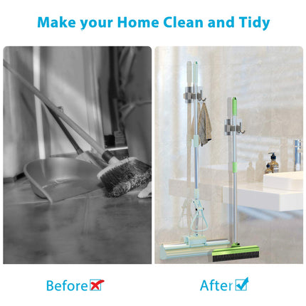 homeasy 4PCS Self Adhesive Stainless Steel Mop Broom Holder Organizer with Hooks, Grey
