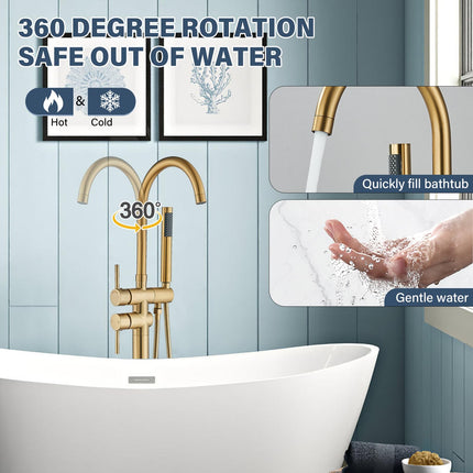 YAGATAP Freestanding Bathtub Faucet Floor Mount Tub Filler Brushed Gold High Flow Shower Faucets with Handheld Shower Mixer Taps Swivel Spout