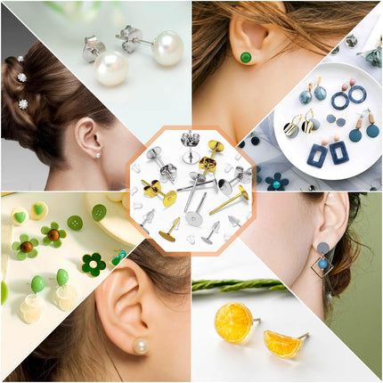 Caffox 2000pcs Stud Earring Making Kit with Earring Base and Backs for Leather, Clay, Pearl Jewelry Making (Gold & Silver)
