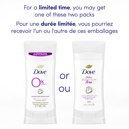 Dove Aluminum Free Déodorant for Soft Underarms, for Soft Underarms, Coconut & Pink Jasmine Scent, 74g