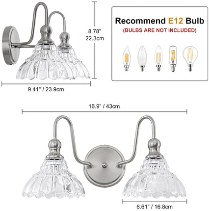 BrkNit Vintage Farmhouse Vanity Over Mirror, 2-Light Brushed Nickel Wall Sconce Lighting with Flower Glass Shade For Bedroom Kitchen Living Room Hallway Light