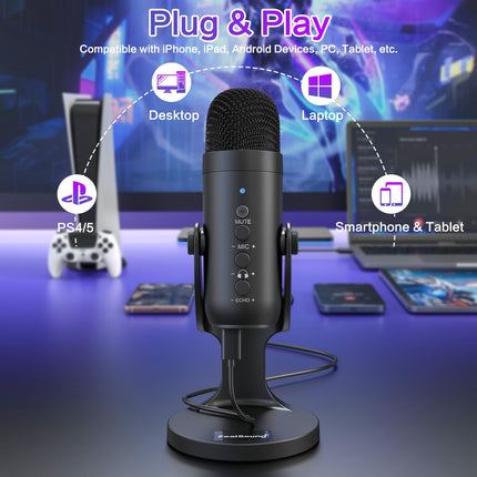 ZealSound USB Microphone,Condenser Phone Computer PC Mic kit,Plug&Play Gaming Microphones for PS 4&5.Mic Gain&Volume Control,Echo &Mute Button for Vocal,Record,Streaming,Discord YouTube Podcast on Mac