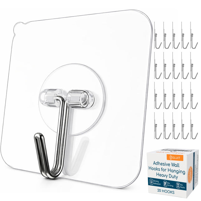 GLUIT All Purpose Hooks Heavy Duty Waterproof Adhesive Wall Hooks for Home Office and Outdoor (20 Pack)