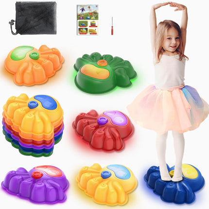WELIN Balance Stepping Stones for Kids, 6pcs Crossing River Octopus Stone with Light, Indoor Outdoor Fitness Equipment, Balance Training Toy Obstacle Course, Birthday Gifts for Boys Girls Ages 3+