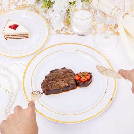 500 Gold Dinnerware Set: 100 Gold Rim Dinner Plates, 100 Salad Plates, 100 Silverware, Heavy Duty