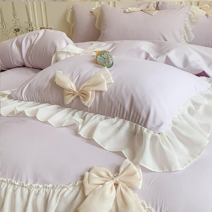 Rvciby 3PCS (1 Duvet Cover,2 Pillow Cases)  Soft Microfiber Yellow Bow Duvet Cover Bedding Set with Chiffon Lace & Cute Bows, Corner Ties & Zipper Closure