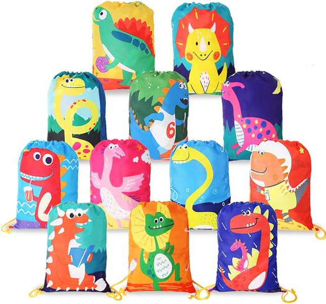 12 PCS Kids Party Favor Bags for Birthday Party Gift Drawstring Goody Package with Cartoon Dinosaur T21