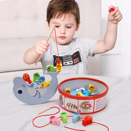 Montessori Toys for 3 + Year Old, Magnetic Fishing Game Toy for Toddlers, Stacking Fine Motor Skills Toys for Kids Preschool Learning, 3 in 1 Wooden Toys T104