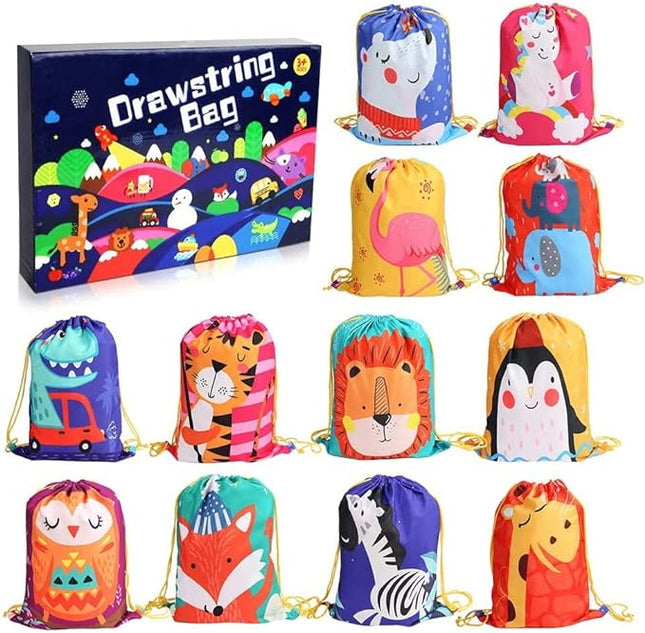 12 PCS Kids Party Favor Bags for Birthday Party Gift Drawstring Goody Package with Cartoon Animal T19