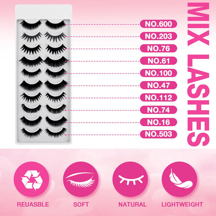 Path to Love 10 Pairs false eyelashes,Mix 10 Style natural volume lashes strips Dramatic Cat Eye Faux Mink Fake Lash Thin Band Extensions Waterproof Easy Eyelashes for Beginners