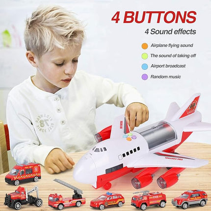 Transport Cargo Airplane Toy-Car Toys for Boys with Large Play Mat, Sounds Buttons Flashing Light,Vehicles Fire Trucks Large Plane 11 Road Signs T47 blue