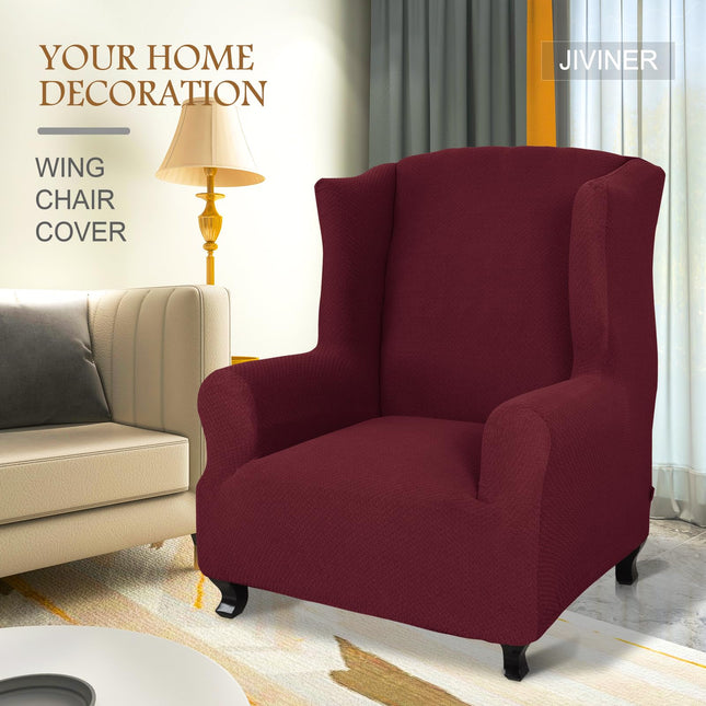 JIVINER 1-Piece Soft Spandex Super Stretch Jacquard Wing Chair Cover for Wingback Furniture Protector, Wine Red