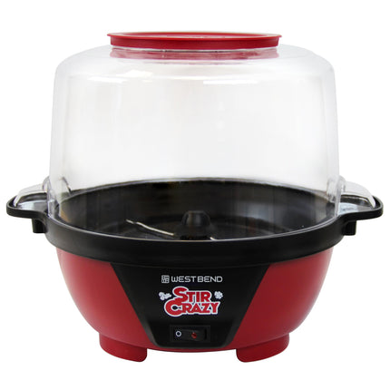 West Bend 82505 Stir Crazy Electric Hot Oil Popcorn Popper Machine with Stirring Rod Offers Large Lid for Serving Bowl and Convenient Storage, 6-quart, Red