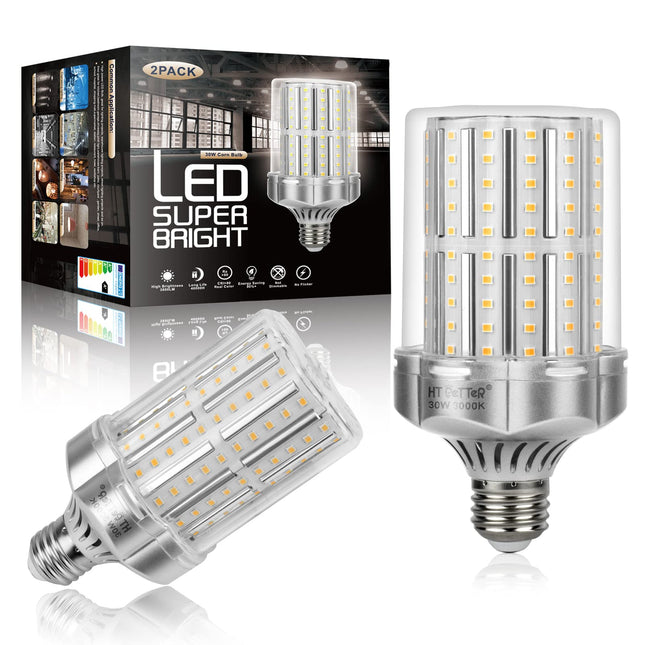 HT PETTER Corn Bulb, 30W E26 Base LED Light Bulb, 3800 Lumens, Equivalent to 250W-300W Incandescent Light Bulbs, Edison Screw-in Bulb,Not Dimmable, No Flicker, 2 Pack (Silver, 3000K Warm White)