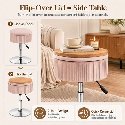 ACEQLYT Adjustable 360° Swivel Storage Stool Velvet Tufted Round Ottoman, PINK