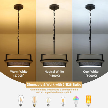 DWLGIGH Black Drum Chandelier 3-Light, 12.6" Farmhouse Chandeliers for Dining Room