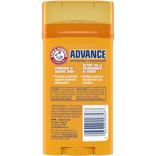 Arm & Hammer Advance Invisible Solid Antiperspirant Deodorant Stick, Unscented, Powered by Baking Soda, 48H Protection, 73g