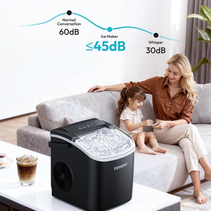 EUHOMY Countertop Ice Maker Machine with Handle, 26lbs in 24Hrs, 9 Ice Cubes Ready in 6 Mins, Auto-Cleaning Portable Ice Maker with Basket and Scoop, for Home/Kitchen/Camping/RV. (Black)