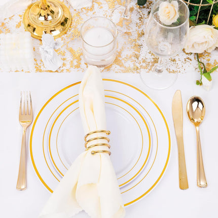 500 Gold Dinnerware Set: 100 Gold Rim Dinner Plates, 100 Salad Plates, 100 Silverware, Heavy Duty
