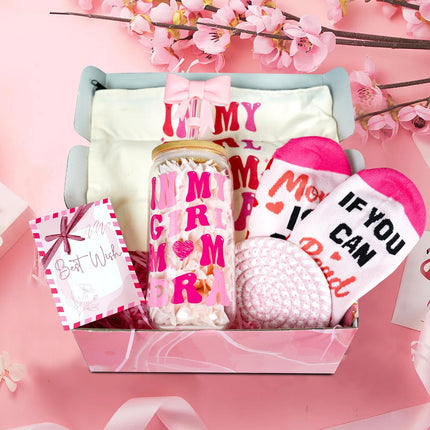 ANOTION in My Girl Mom Era Gift Set - Girl Mom Iced Coffee Cups, Mothers Day Coffee Mug with Straw, New Mom Gifts, Mother's Day Card, Mama Birthday Gift, Glass Tumbler Drinking Cup for Mother