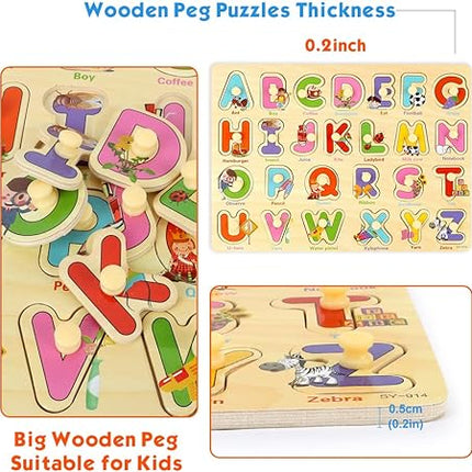 Wooden Peg Puzzles for Toddlers, Toddler Puzzles Set Letters, Numbers, Sea Animals and Vehicles 4 Pack Preschool Educational Learning Toys T77