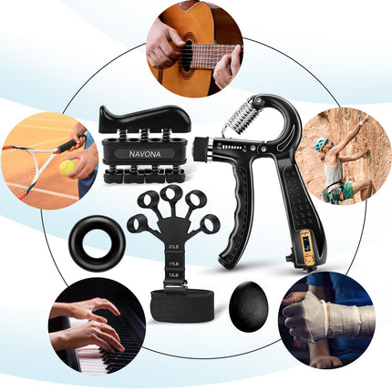 NAVONA 5-PC Grip Strength Trainer Kit, Hand Gripper Strengthener, Forearm Strengthener, Finger Strengthener, Finger Exerciser, Stress Relief Ball, Forearm Workout Ring for Muscle Building and Injury Recover