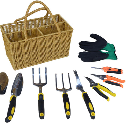 HOUDE Gardening tool set, equipped with rattan storage basket, 5 aluminum alloy hand tools and 3 stainless steel scissors