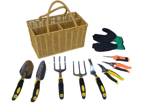 HOUDE Gardening tool set, equipped with rattan storage basket, 5 aluminum alloy hand tools and 3 stainless steel scissors